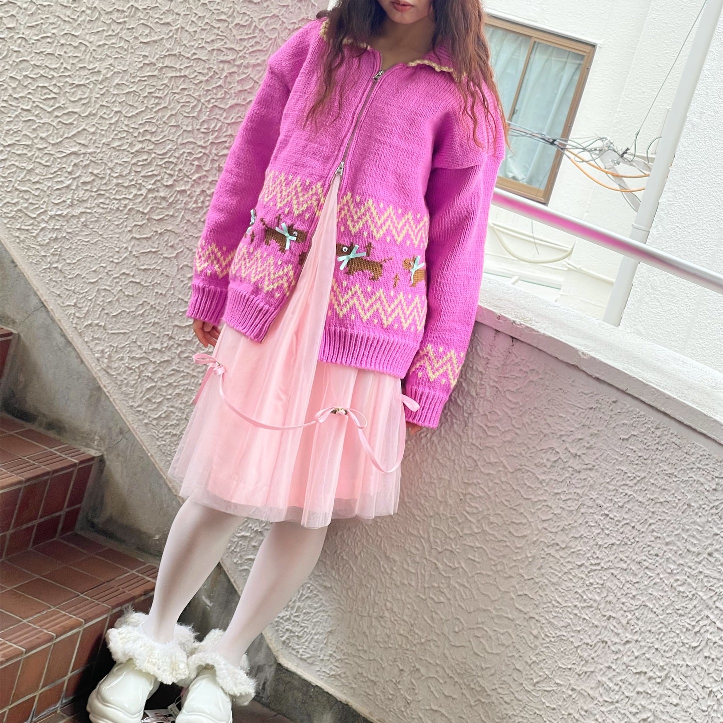 Puppies knitted jacket / Pink / パピーニットジャケット