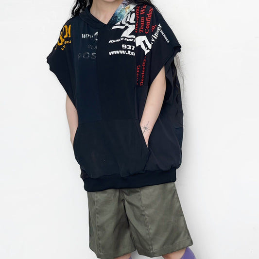 CUT-OFF HOODIE REMODELED FROM VINTAGE T-SHIRT / BLACK / カットオフヴィンテージフーディー