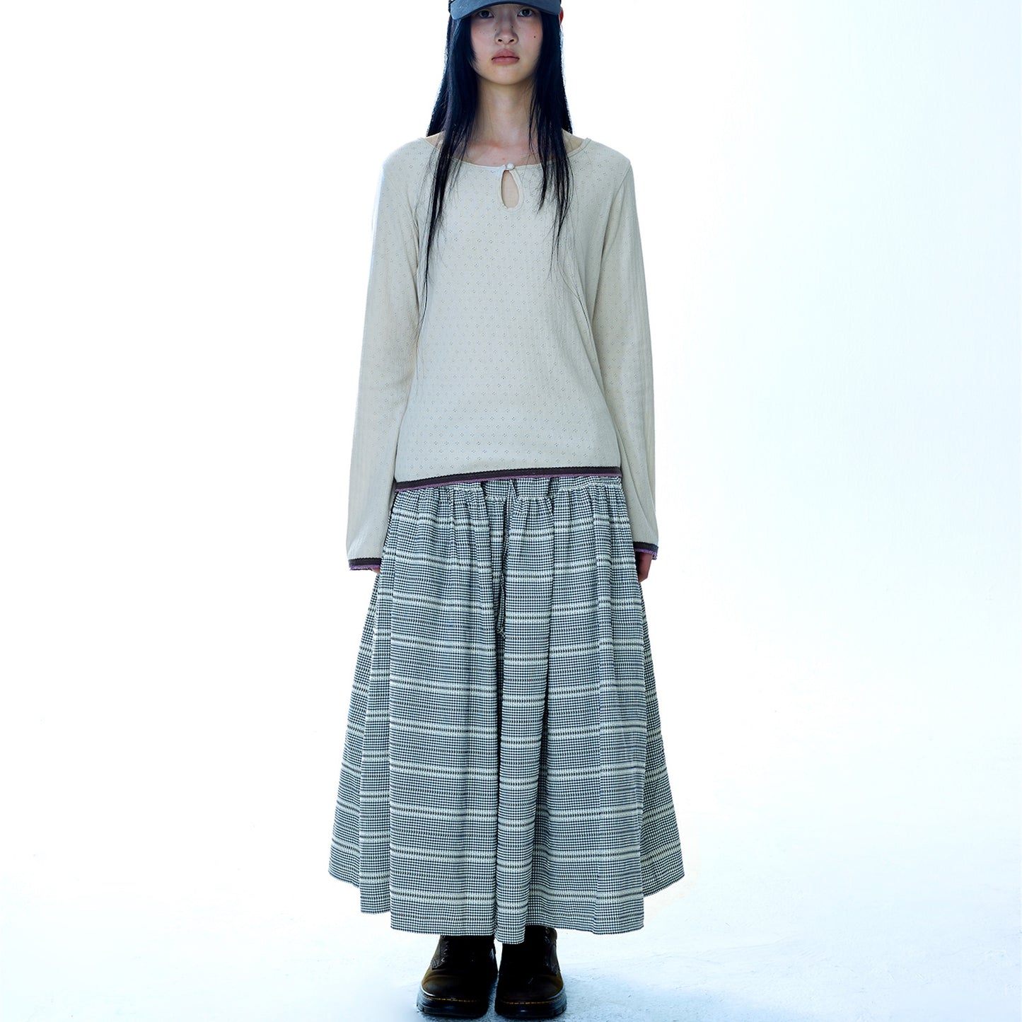 WIDE SHIRRING SKIRT / NAVY / ワイドシャーリングスカート