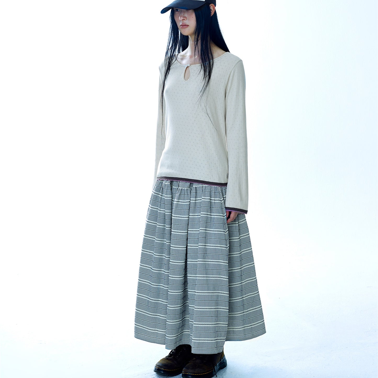 WIDE SHIRRING SKIRT / NAVY / ワイドシャーリングスカート