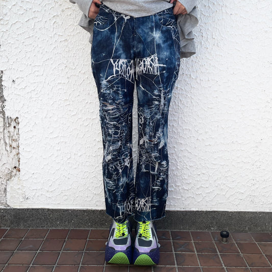 Spider logo straight Denim trousers Super damage / Denim / スパイダーロゴダメージデニム