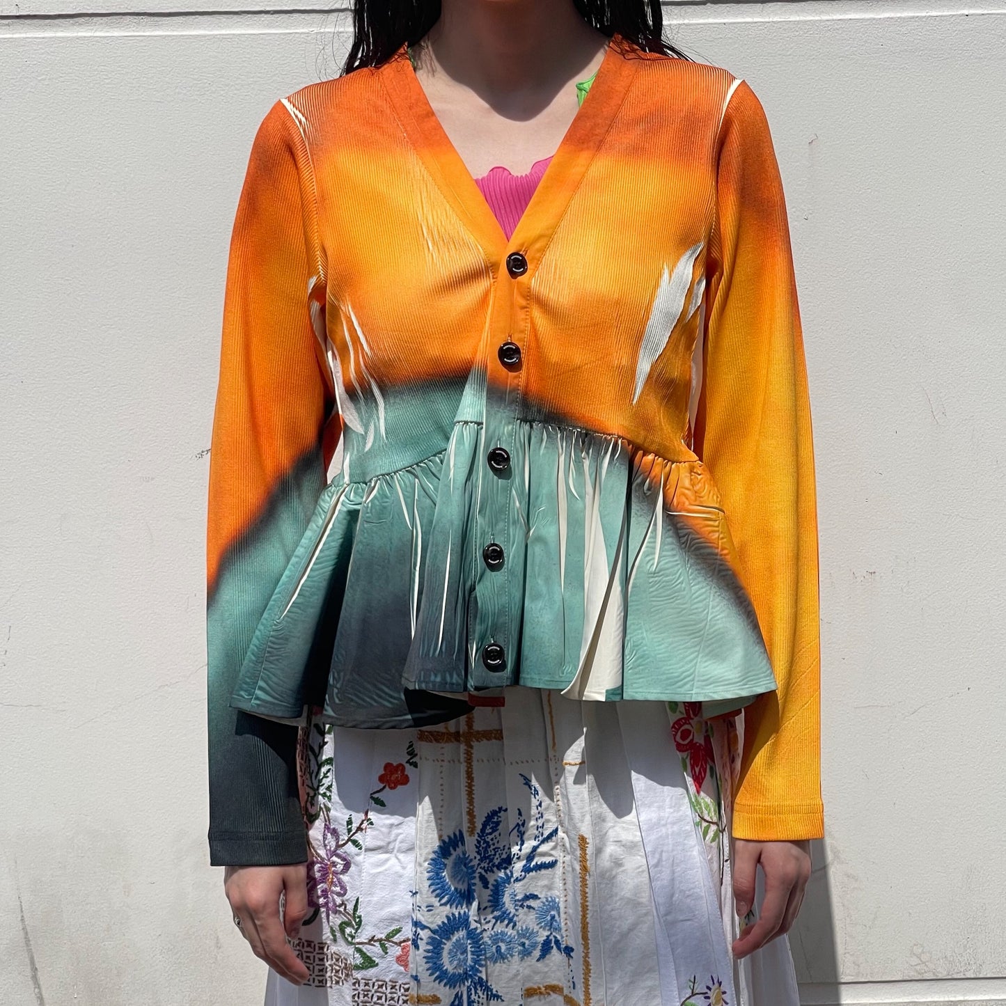 DIRECT PRINT RIB GATHER CARDIGAN / ORANGE / ダイレクトプリントリブギャザーカーディガン
