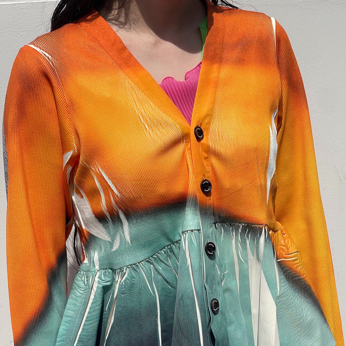 DIRECT PRINT RIB GATHER CARDIGAN / ORANGE / ダイレクトプリントリブギャザーカーディガン