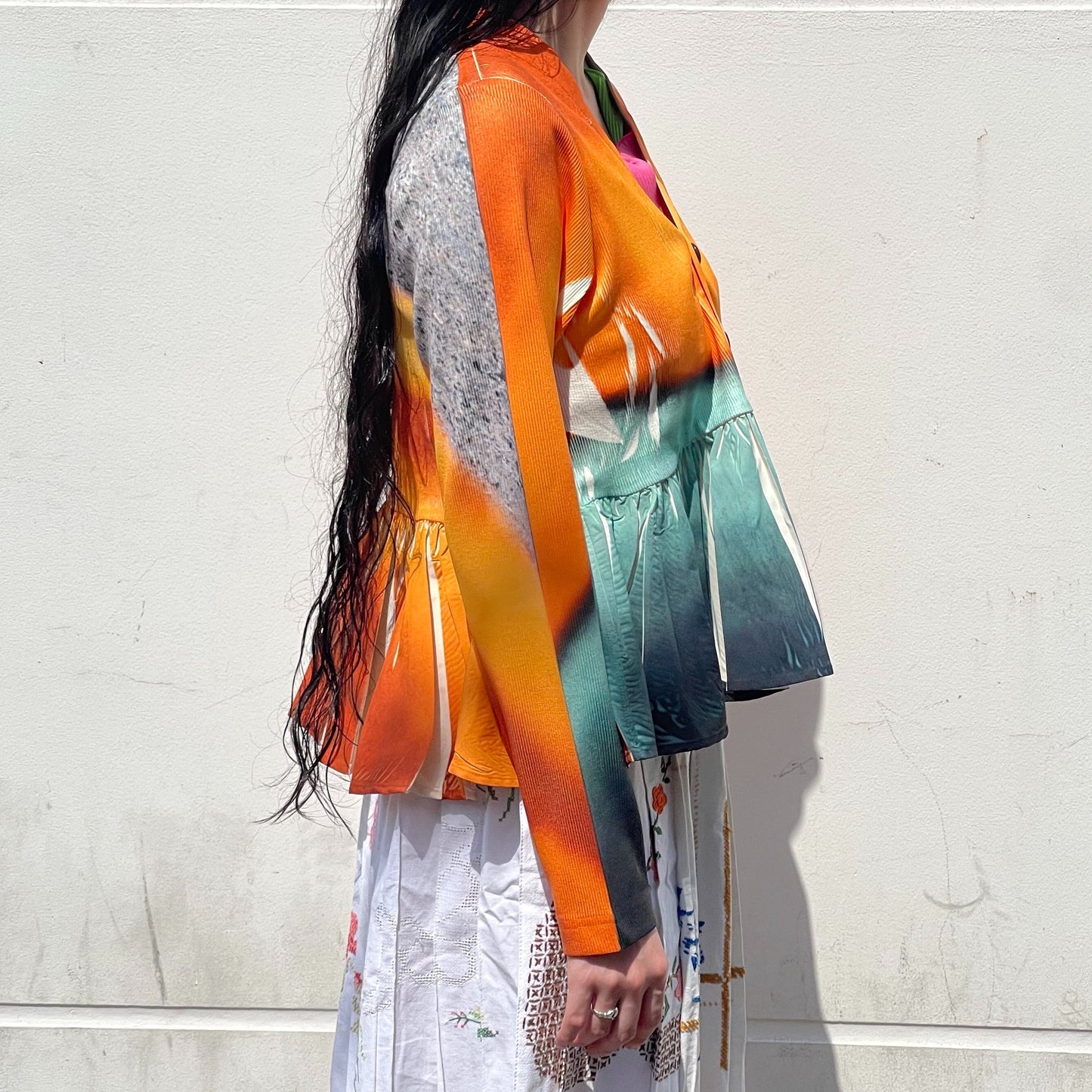 DIRECT PRINT RIB GATHER CARDIGAN / ORANGE / ダイレクトプリントリブギャザーカーディガン