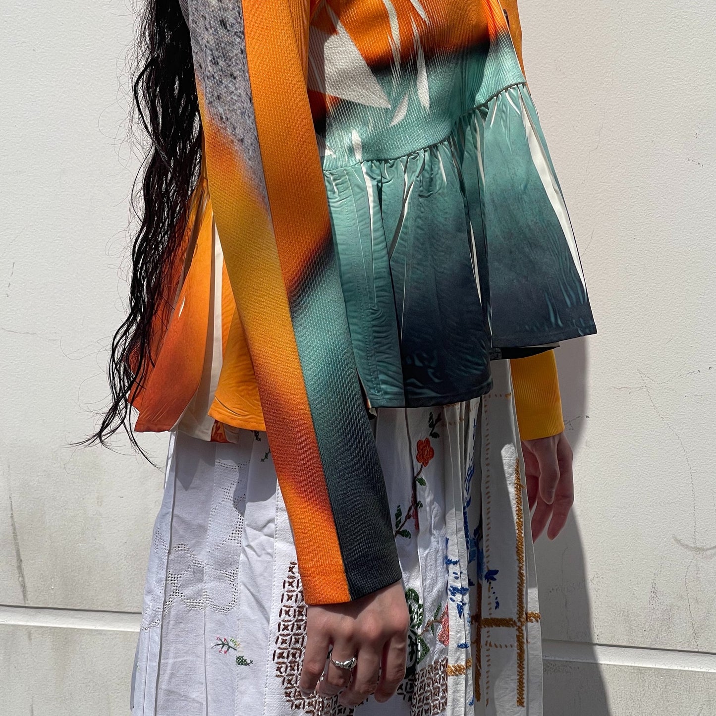 DIRECT PRINT RIB GATHER CARDIGAN / ORANGE / ダイレクトプリントリブギャザーカーディガン