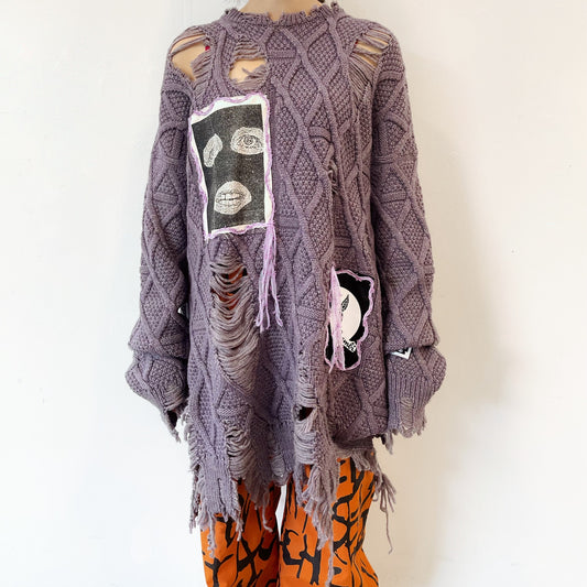 DESTROY PULLOVER KNIT COLLABORATION WITH rurumu: ARTWORK BY JAMIE REID / PURPLE / ダメージ加工ニット