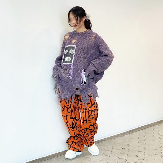 DESTROY PULLOVER KNIT COLLABORATION WITH rurumu: ARTWORK BY JAMIE REID / PURPLE / ダメージ加工ニット