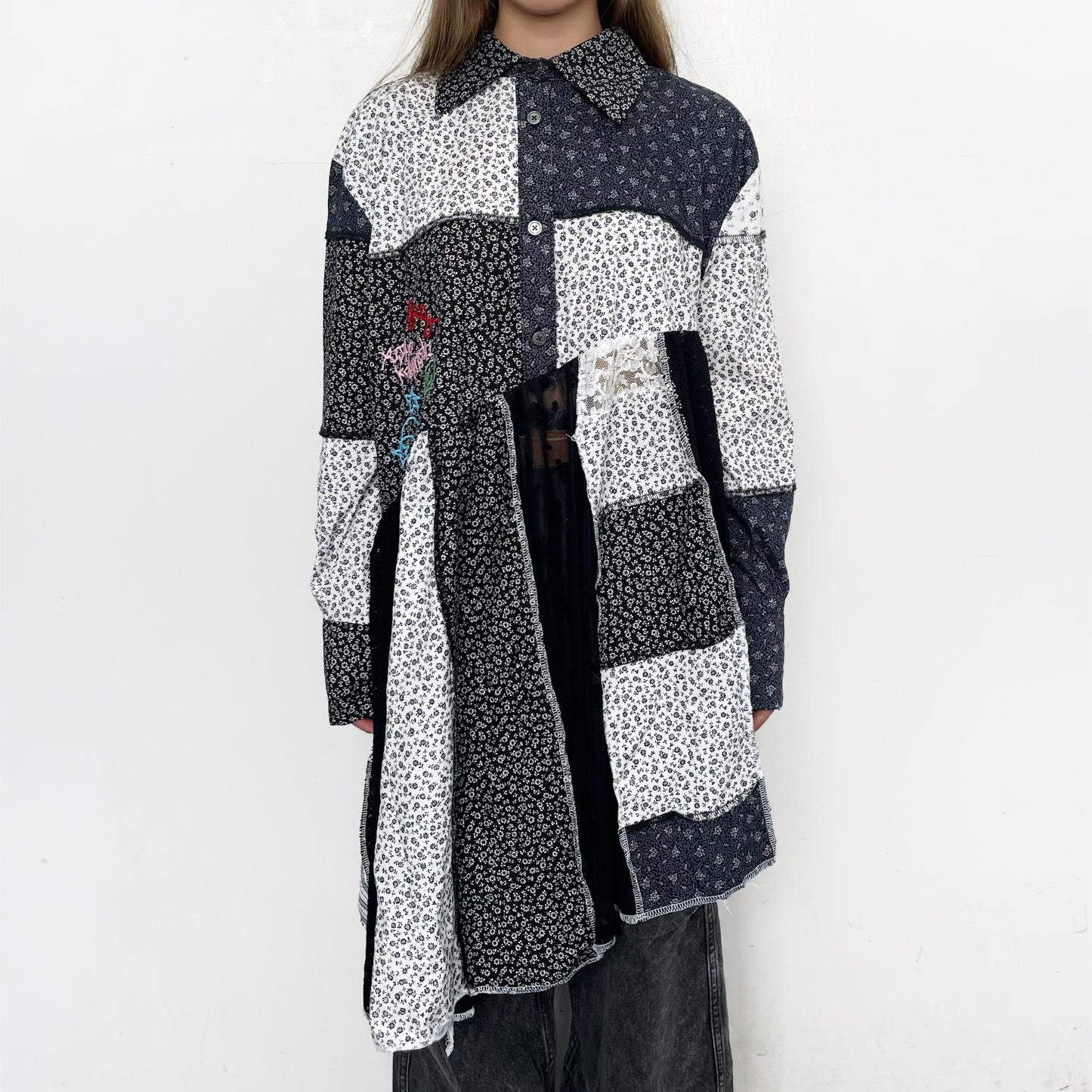 Patchwork shirt Dress / Black X White / パッチワークシャツドレス