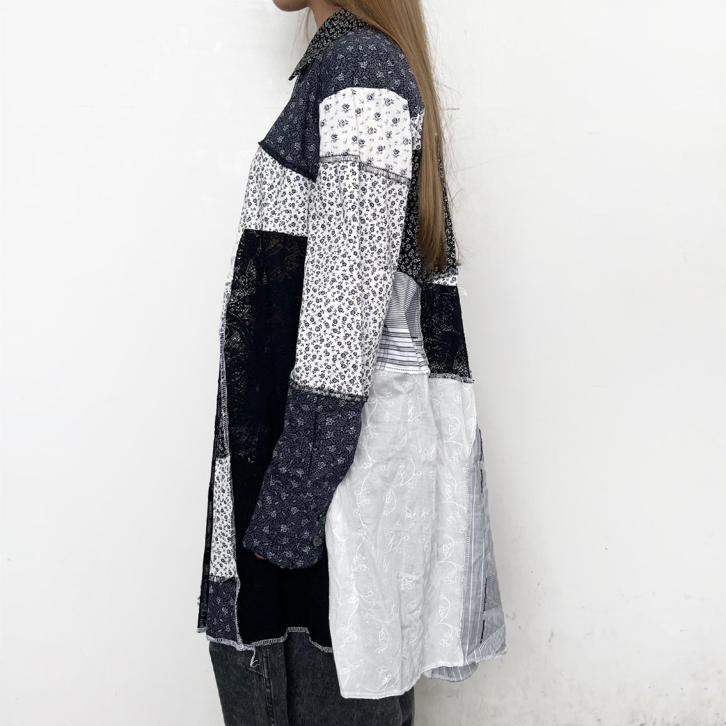 Patchwork shirt Dress / Black X White / パッチワークシャツドレス