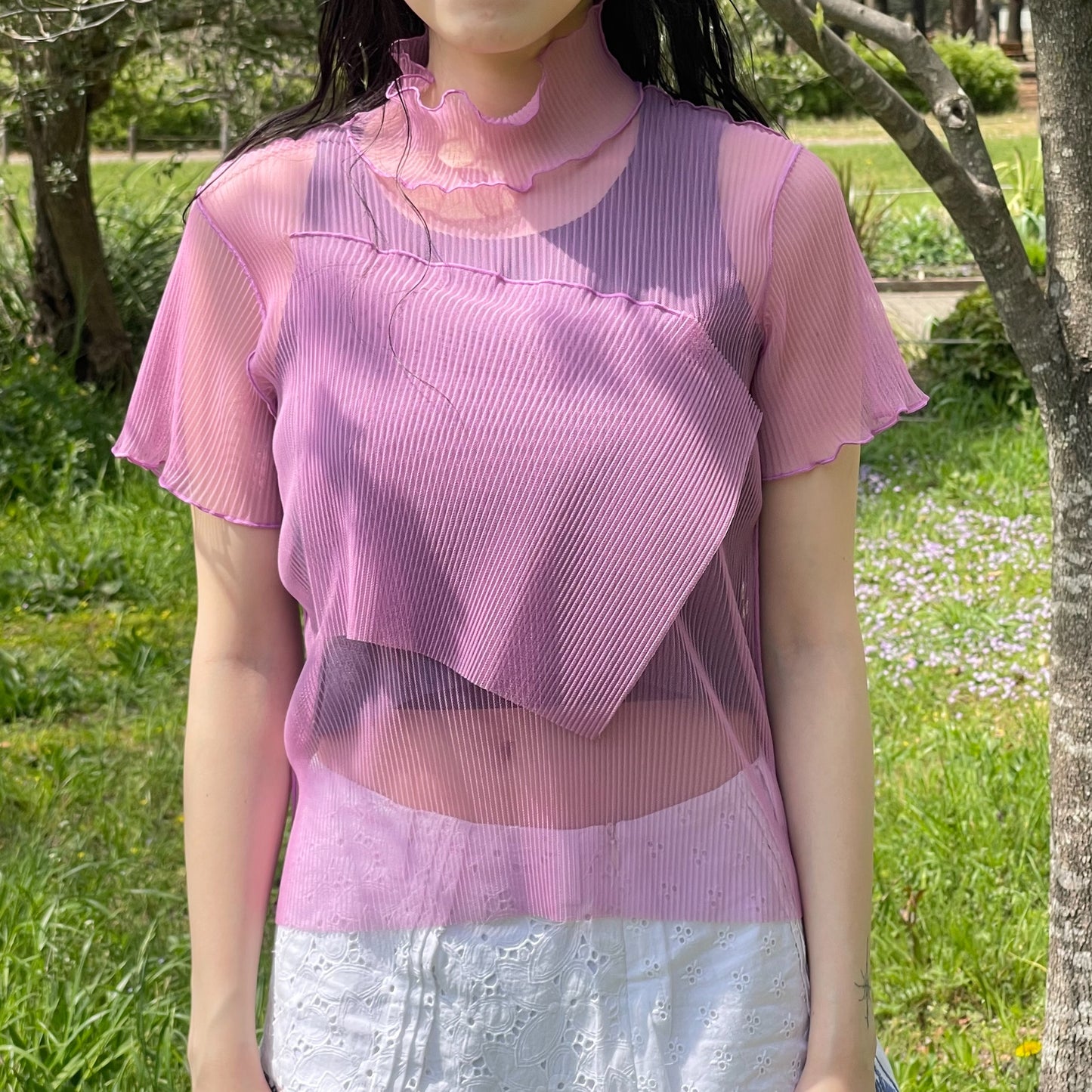 SHEER LAYERED SHORT SLEEVE TOP / PURPLE / シアープリーツショートスリーブトップ