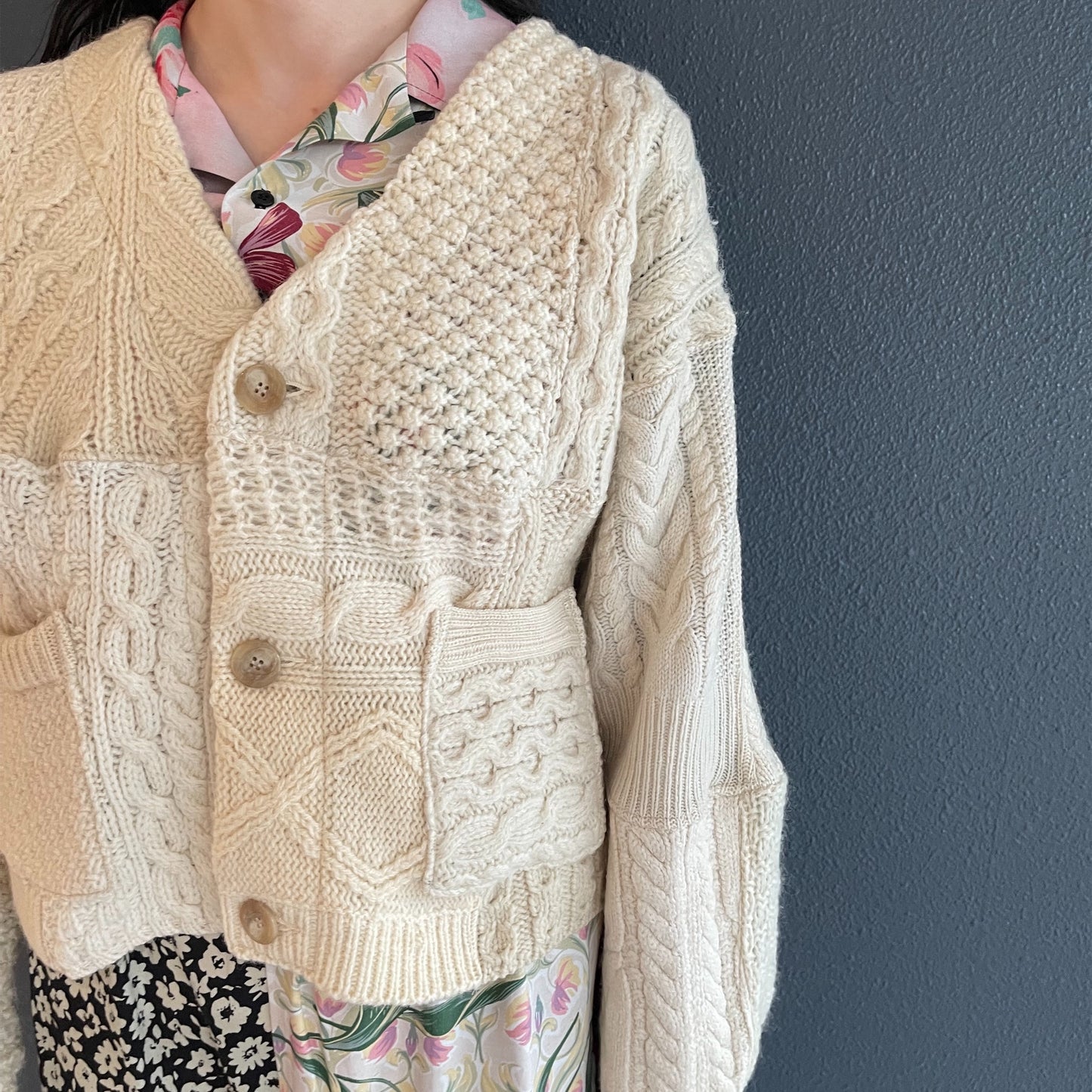SWITCHING KNIT CARDIGAN / OFF WHITE / プリントフィッシャーマンニット