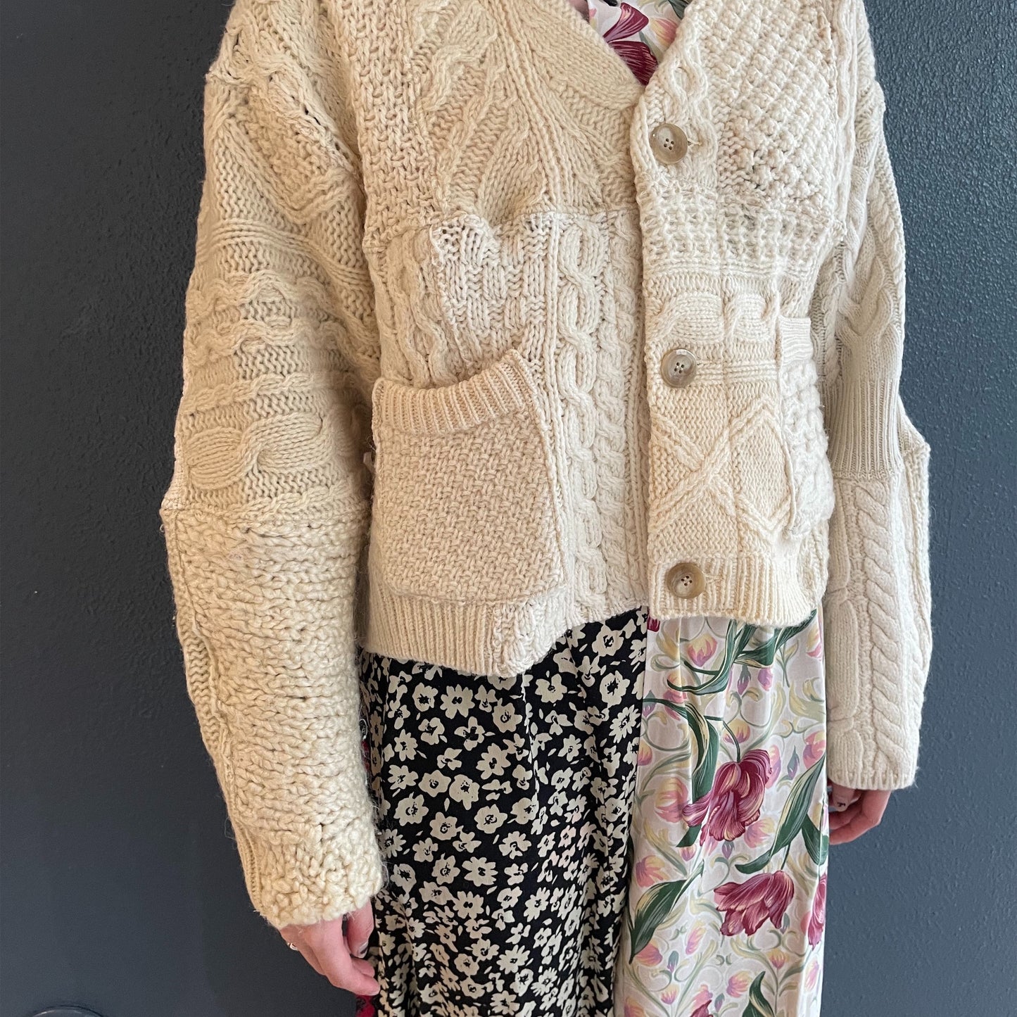 SWITCHING KNIT CARDIGAN / OFF WHITE / プリントフィッシャーマンニット