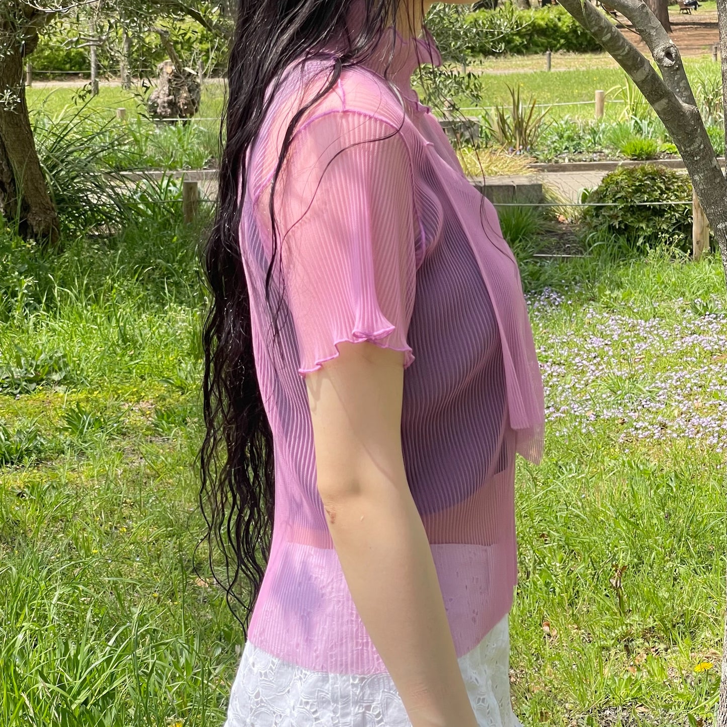 SHEER LAYERED SHORT SLEEVE TOP / PURPLE / シアープリーツショートスリーブトップ
