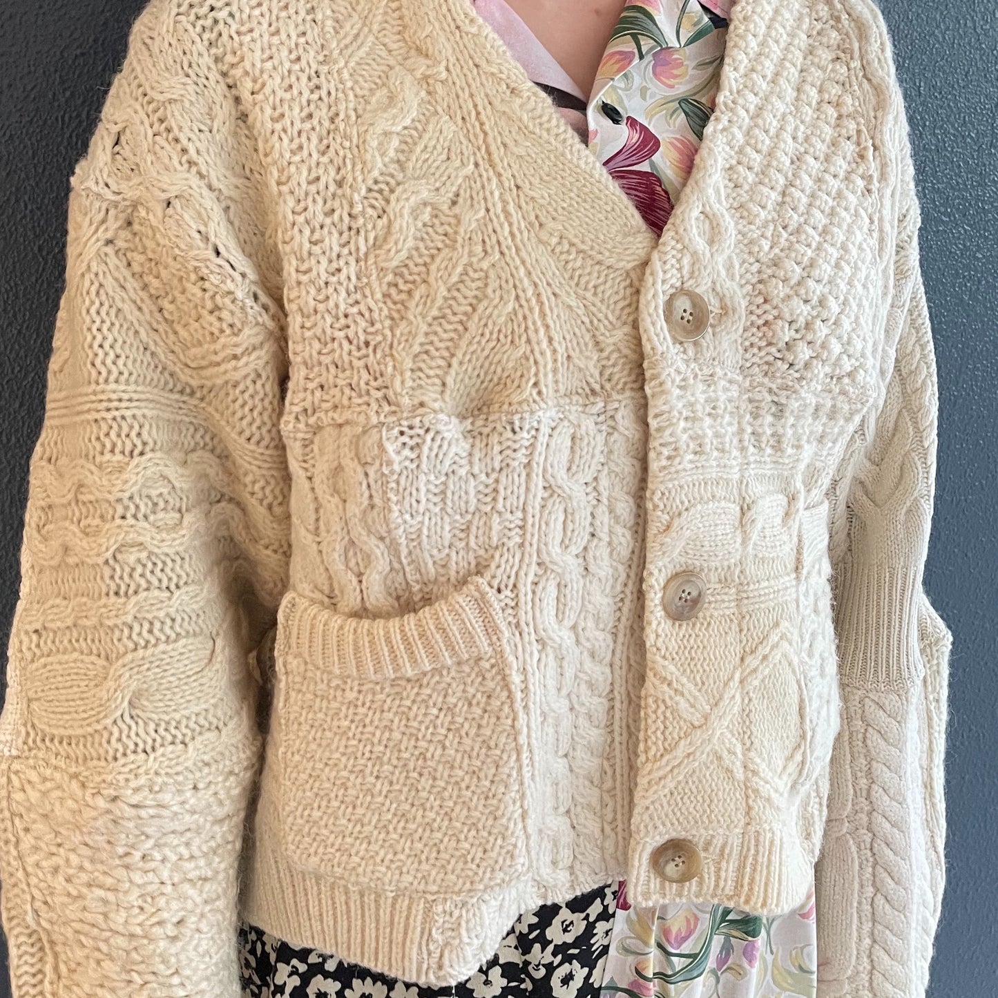 SWITCHING KNIT CARDIGAN / OFF WHITE / プリントフィッシャーマンニット