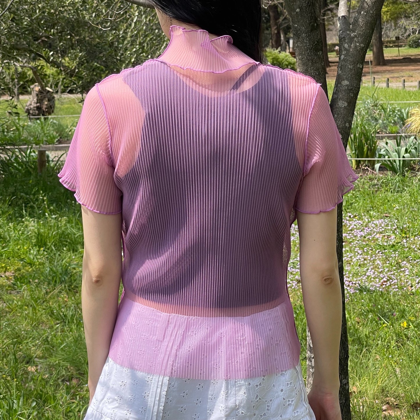 SHEER LAYERED SHORT SLEEVE TOP / PURPLE / シアープリーツショートスリーブトップ