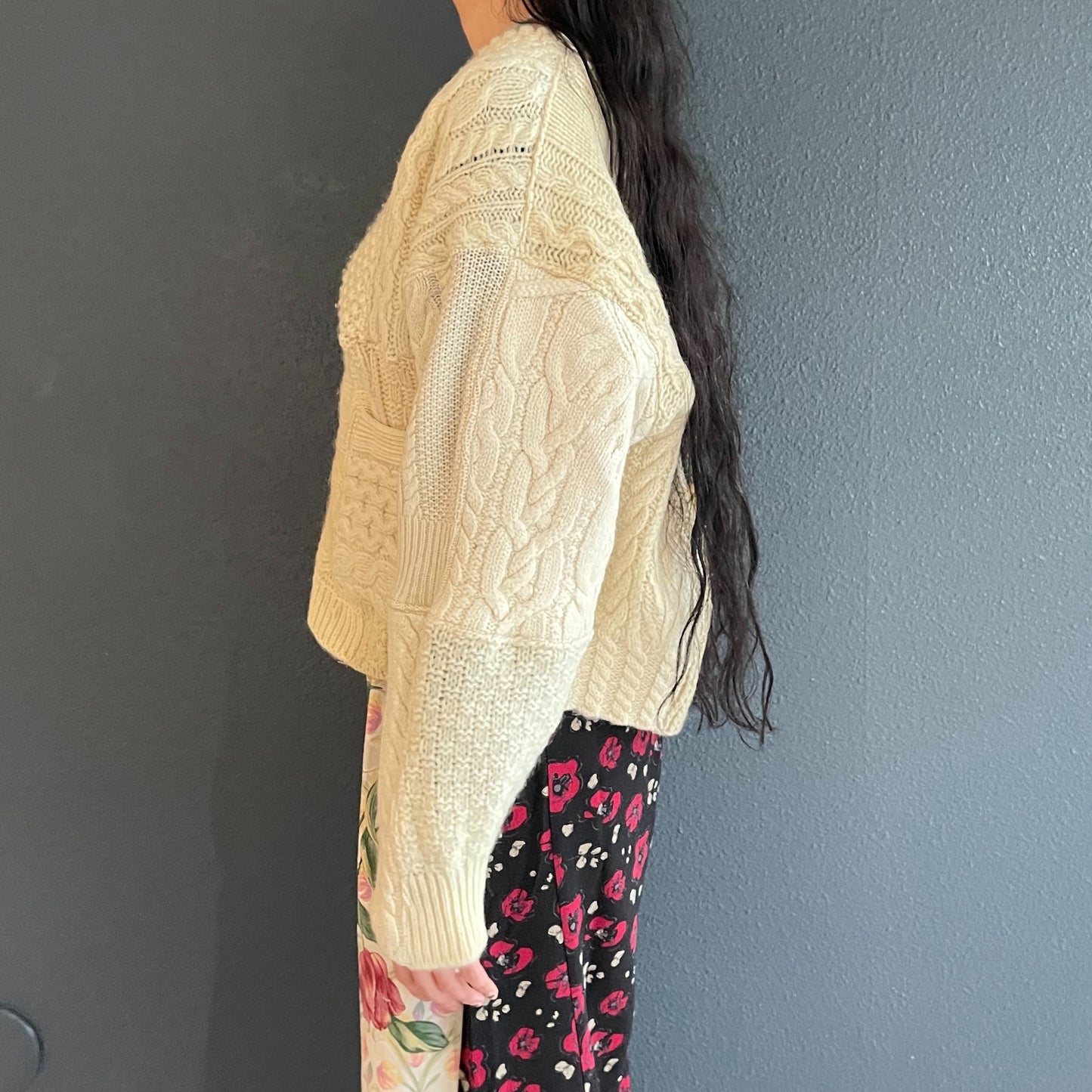 SWITCHING KNIT CARDIGAN / OFF WHITE / プリントフィッシャーマンニット