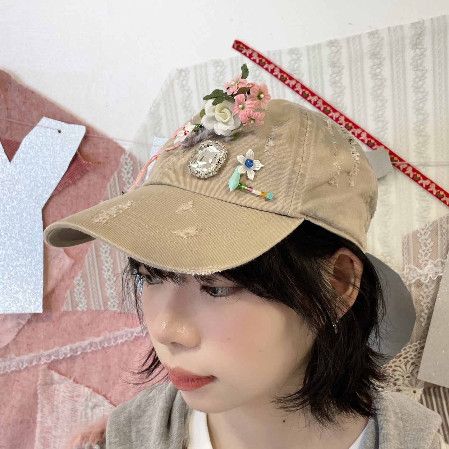Broken cap / Beige / モチーフキャップ