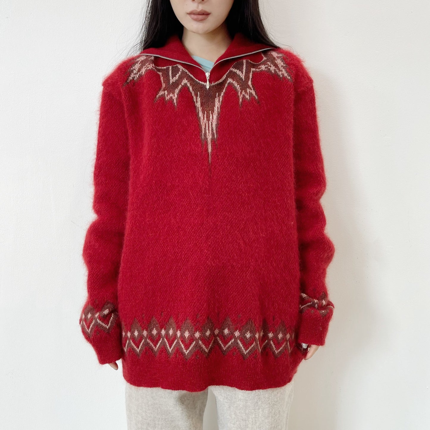 star neck jacquard sweater / red / スターネックジャガードセーター