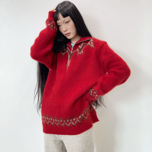 star neck jacquard sweater / red / スターネックジャガードセーター