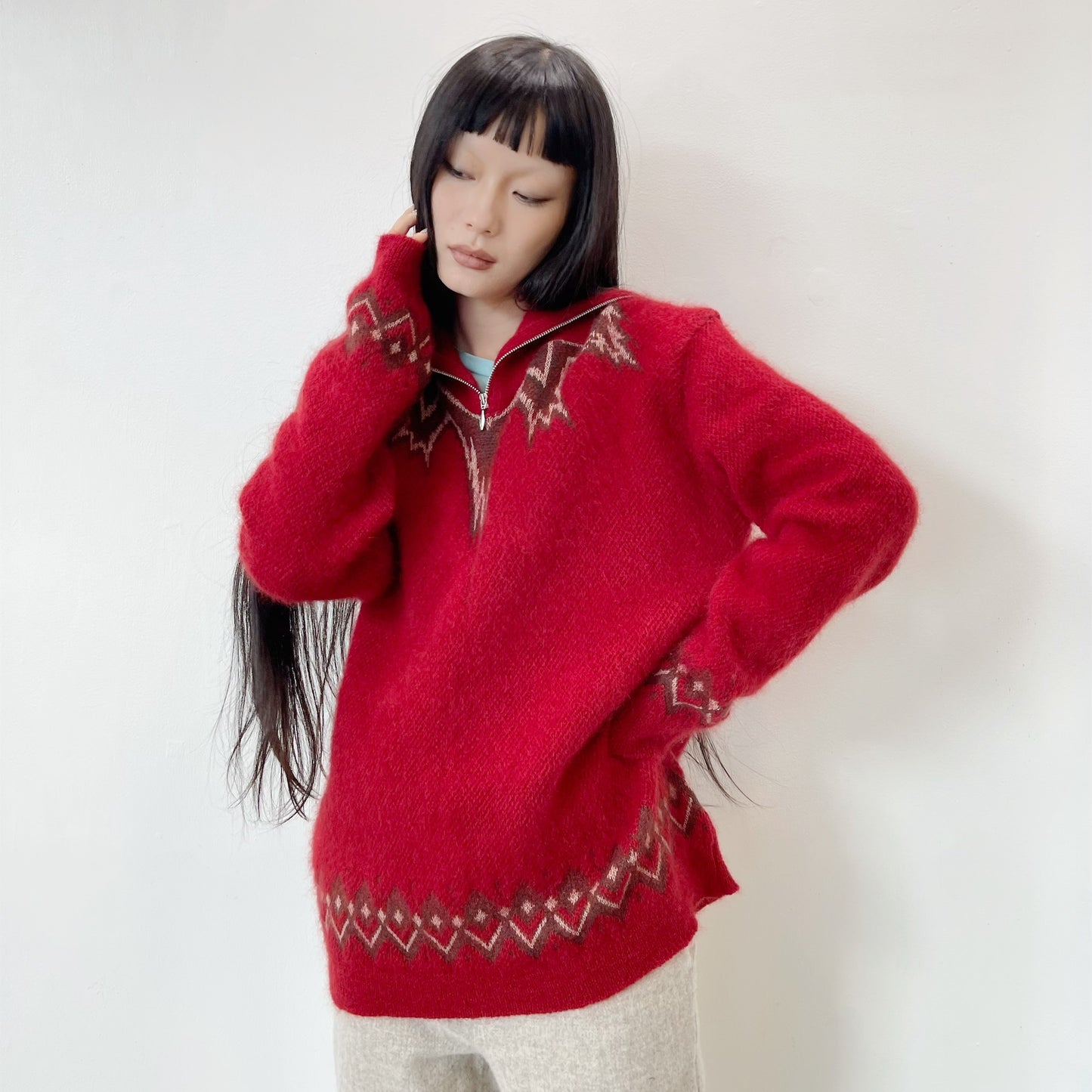 star neck jacquard sweater / red / スターネックジャガードセーター