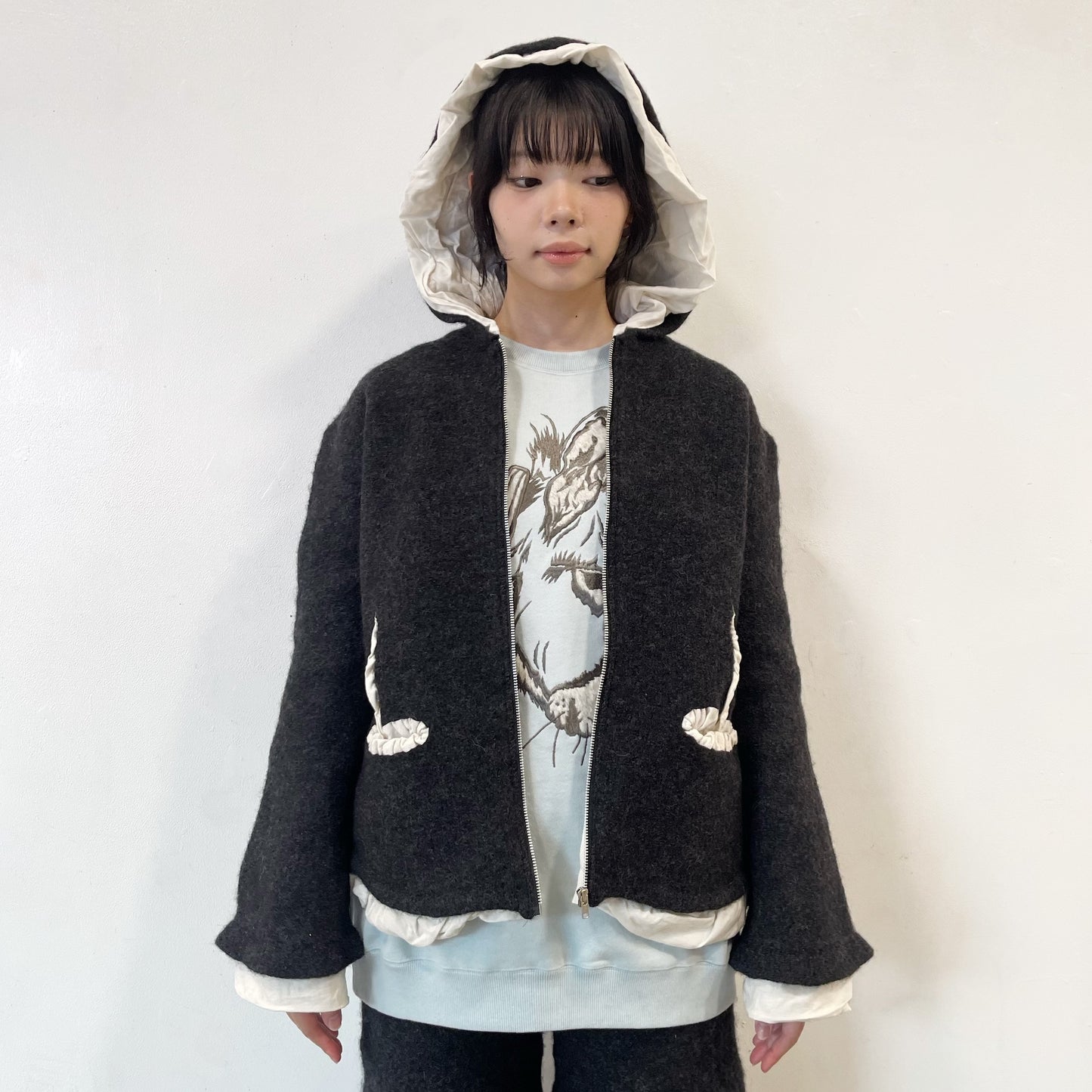 fulling hoody / charcoal gray / 縮絨ニットフーディー