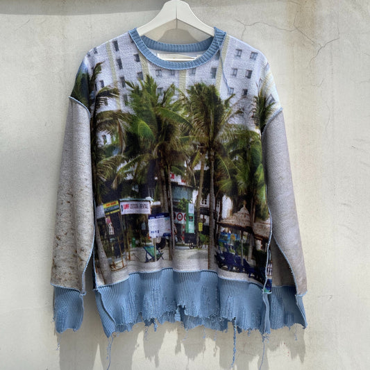 print sweat rib top / beach - blue / プリントスウェットリブトップ