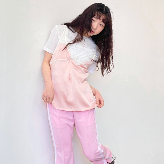 sunday&monday top / pink × white lace / ドッキングレースキャミソール