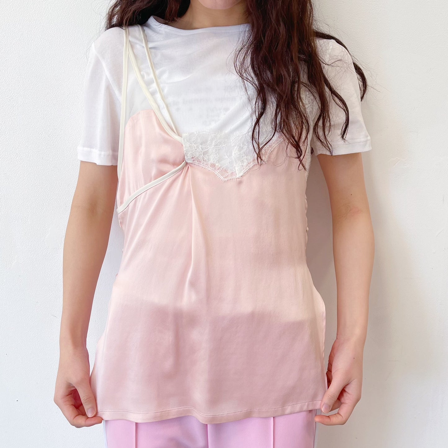 sunday&monday top / pink × white lace / ドッキングレースキャミソール