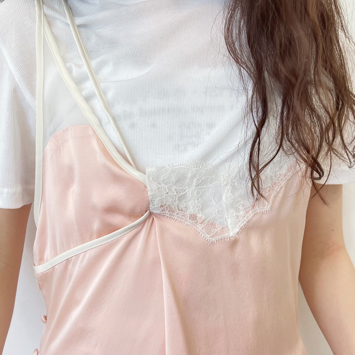 sunday&monday top / pink × white lace / ドッキングレースキャミソール