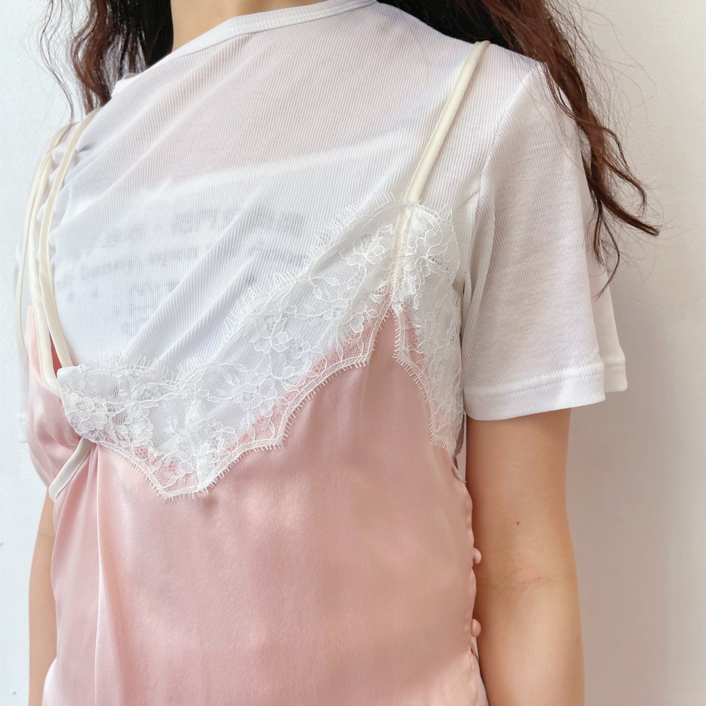 sunday&monday top / pink × white lace / ドッキングレースキャミソール