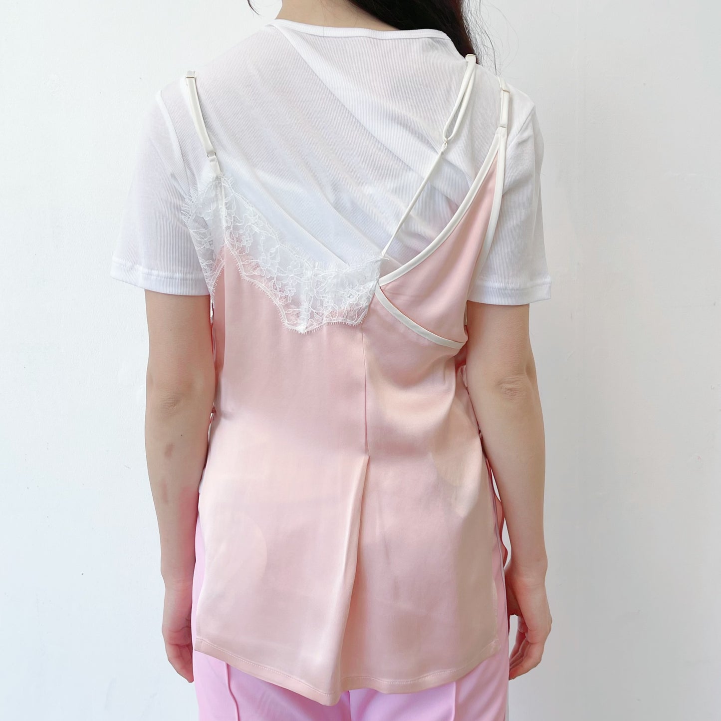 sunday&monday top / pink × white lace / ドッキングレースキャミソール