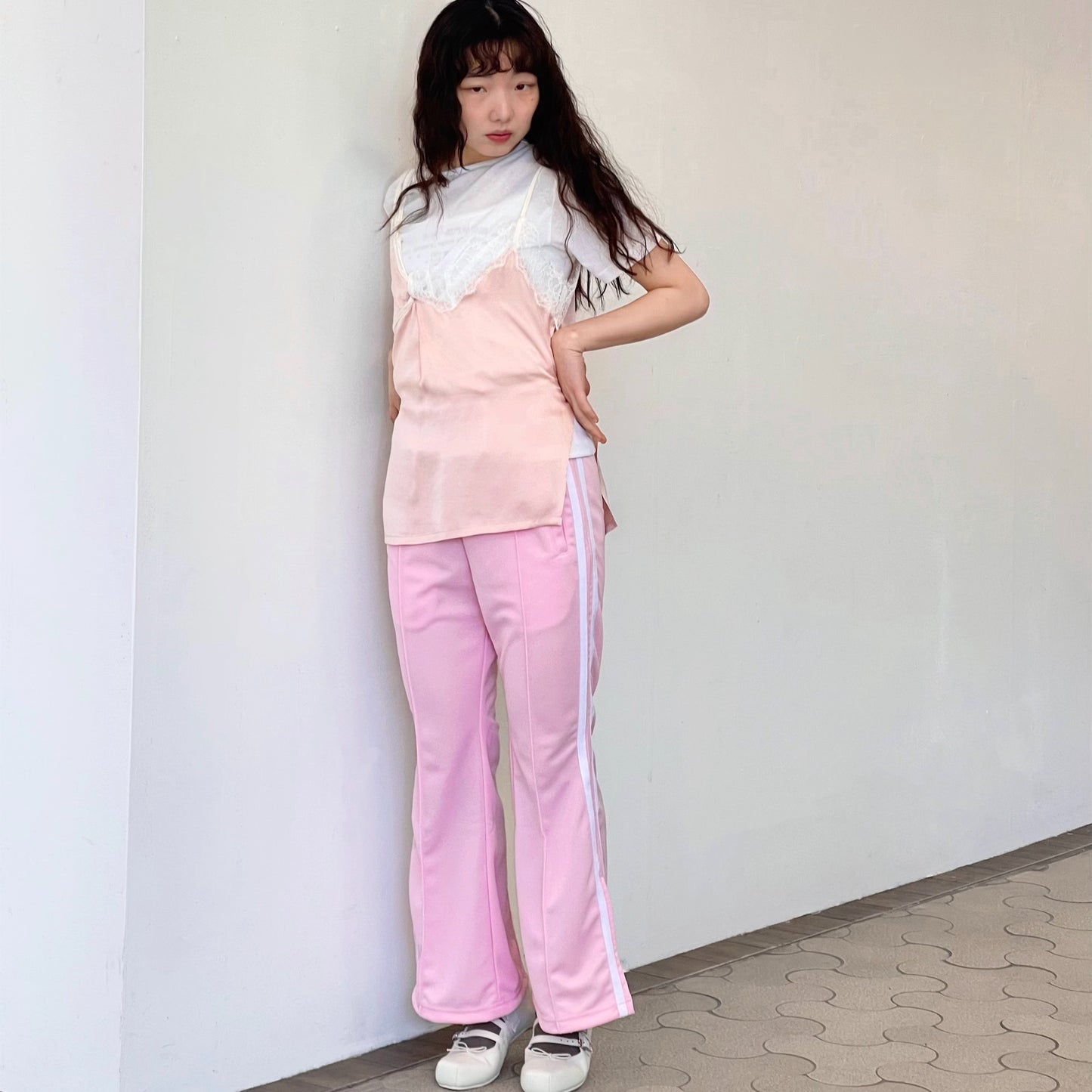 sunday&monday top / pink × white lace / ドッキングレースキャミソール