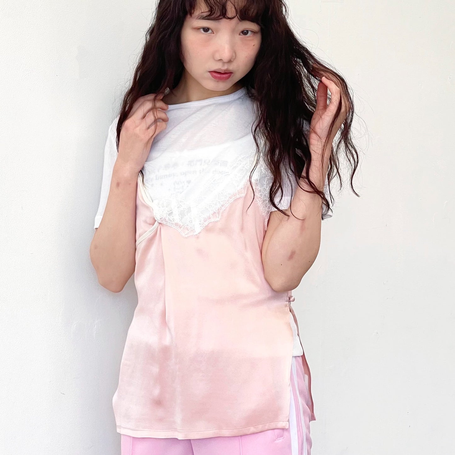 sunday&monday top / pink × white lace / ドッキングレースキャミソール