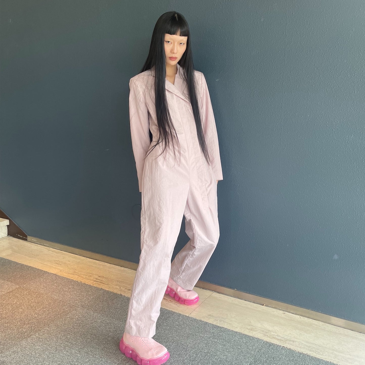 Monica jump suit / pink / ナイロンジャンプスーツ