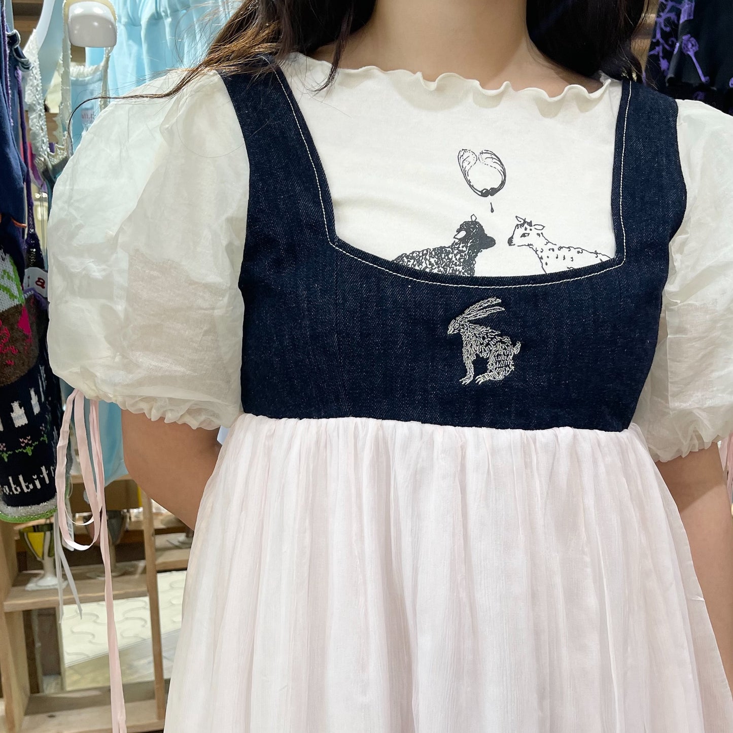 Seline dress / Solo rabbit embroidered / デニムミニドレス