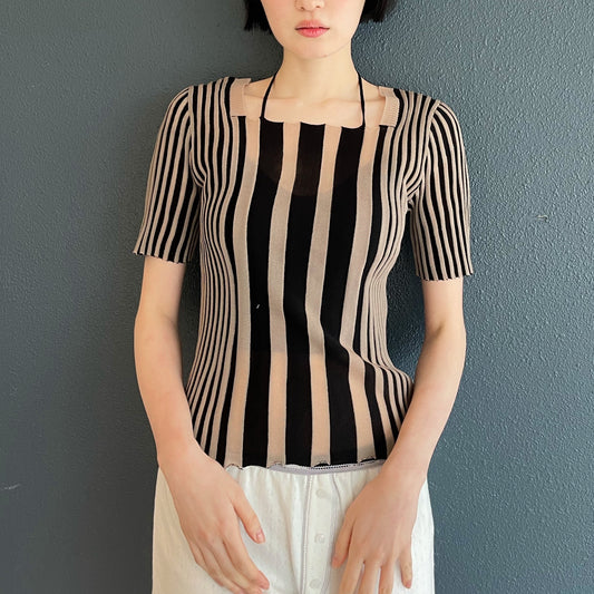 tin knit top / Black × Beige / リブニットトップ