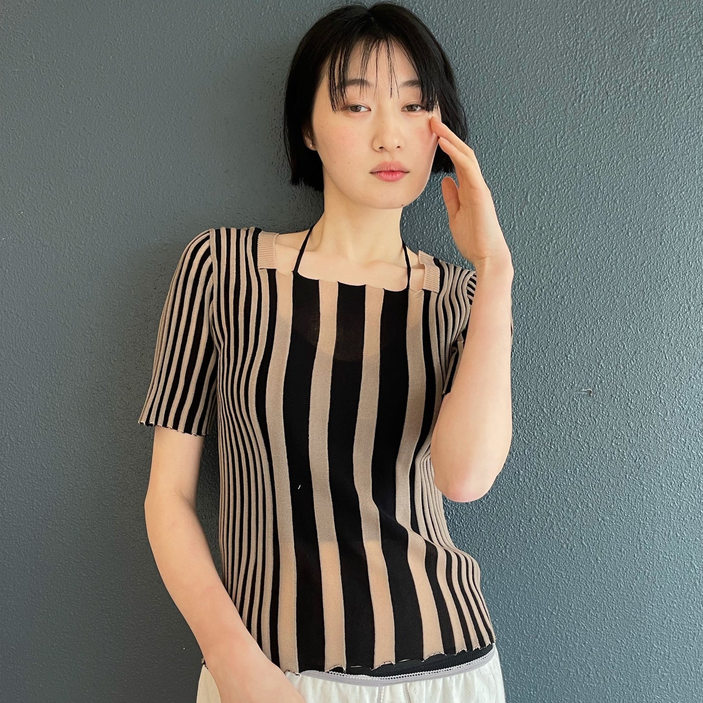 tin knit top / Black × Beige / リブニットトップ