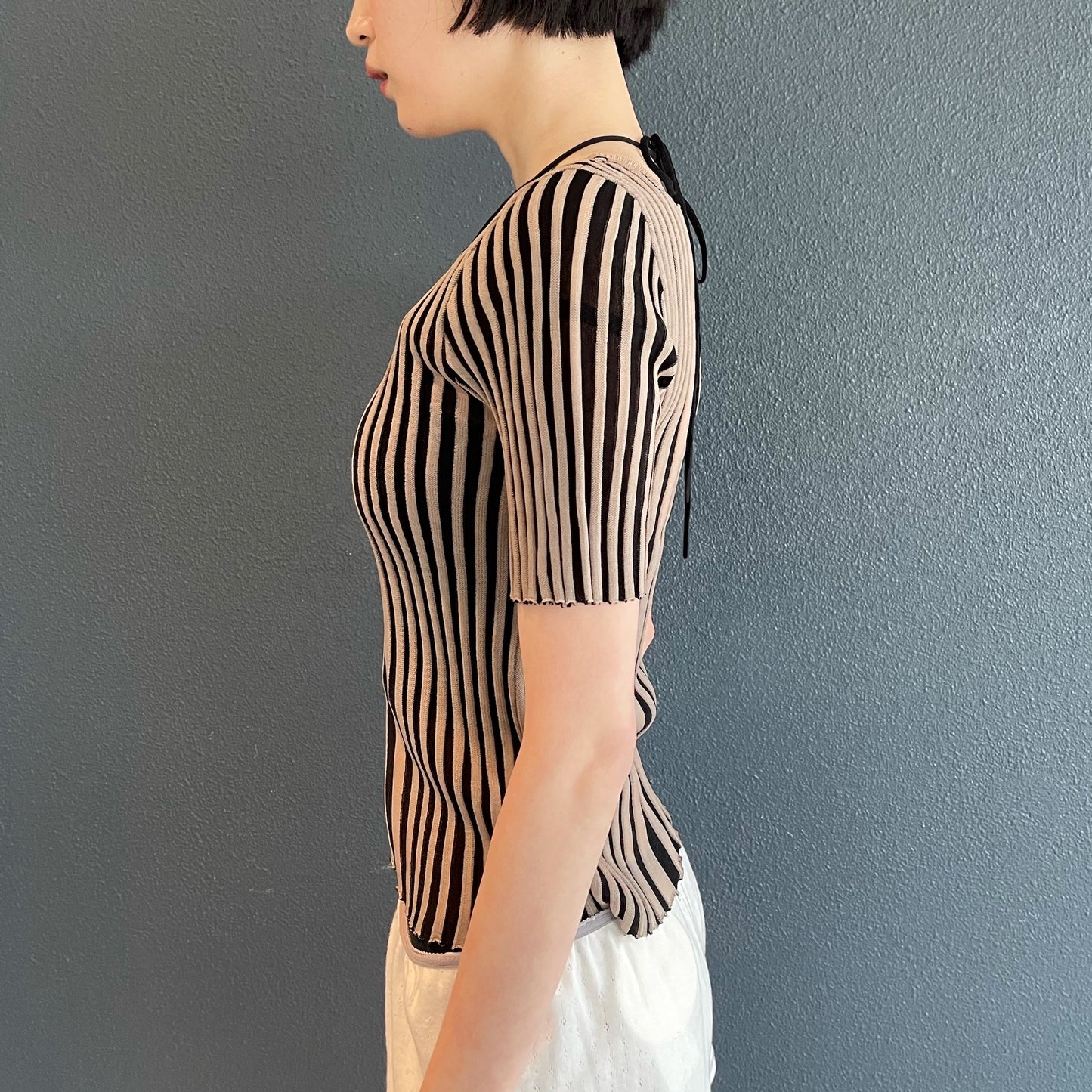 tin knit top / Black × Beige / リブニットトップ