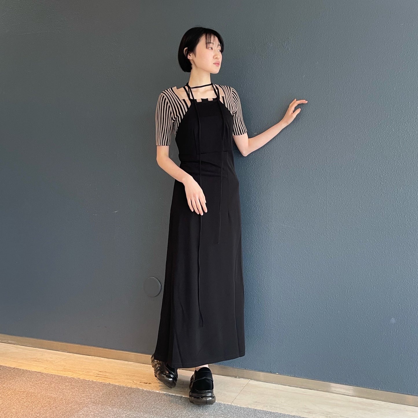 tin knit top / Black × Beige / リブニットトップ