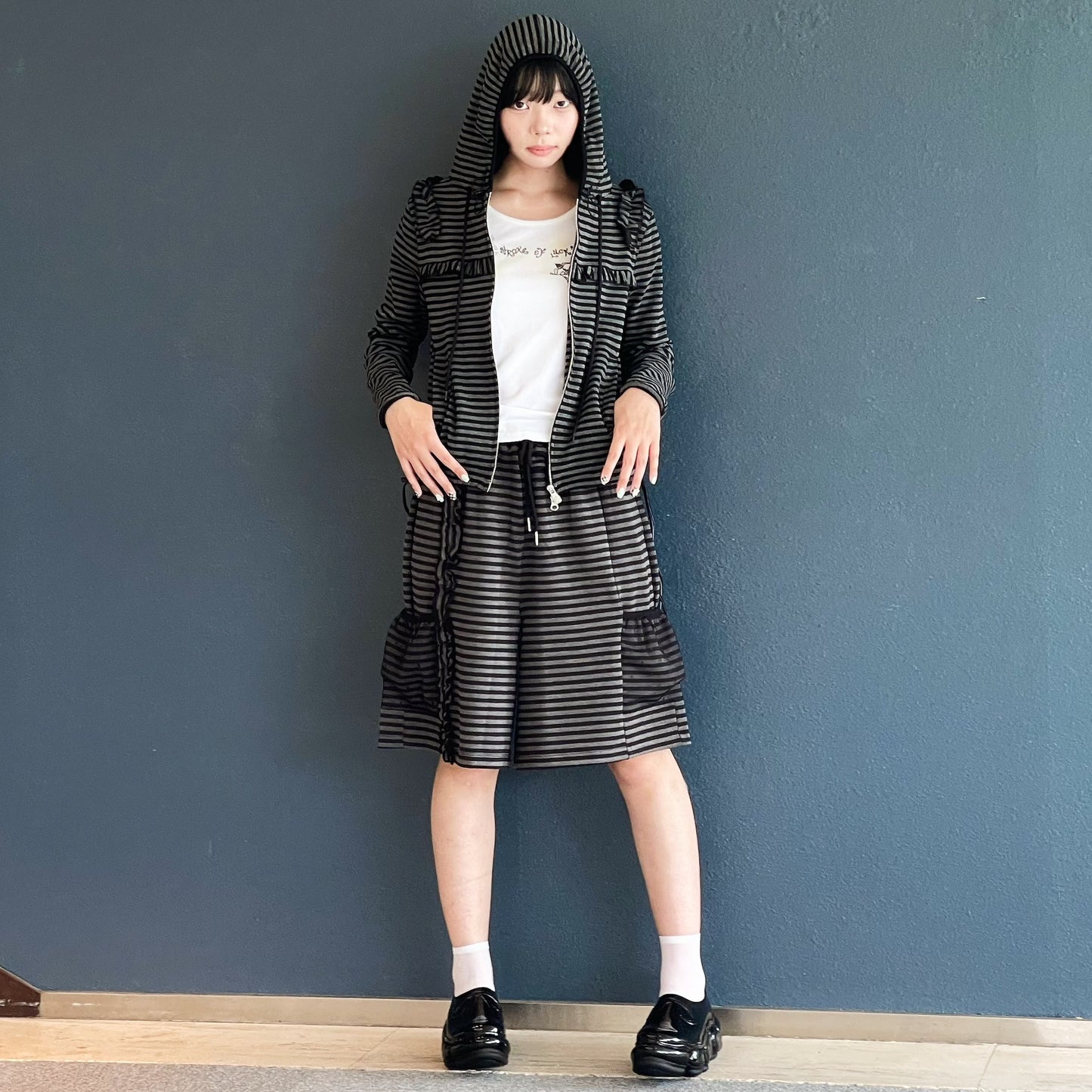 Mixed Pattern Ruffled Pants / Black / ストライプラッフルパンツ