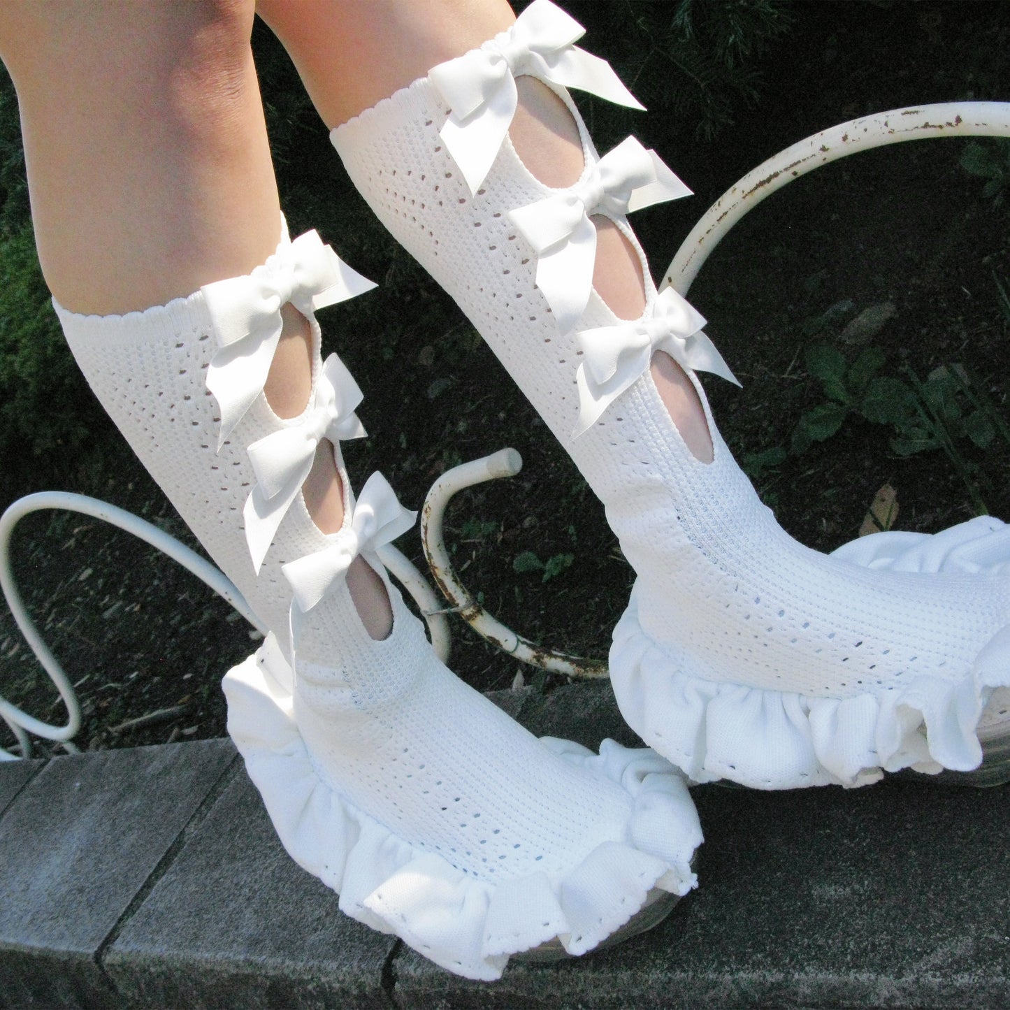 THREE CUTE BOW LONG SOCKS BOOTS / WHITE / JennFaxブーツ