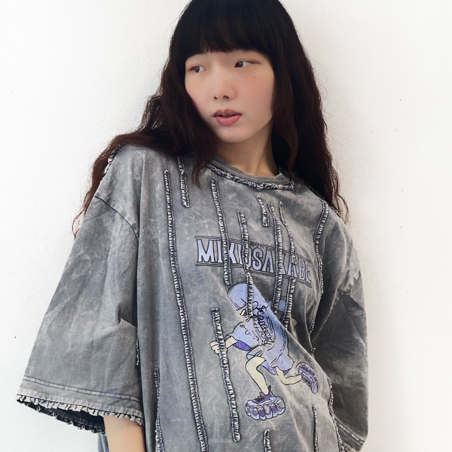 WASHED RUNNER LONG T-SHIRT / NAVY / ウォッシュ加工フリルTシャツワンピース