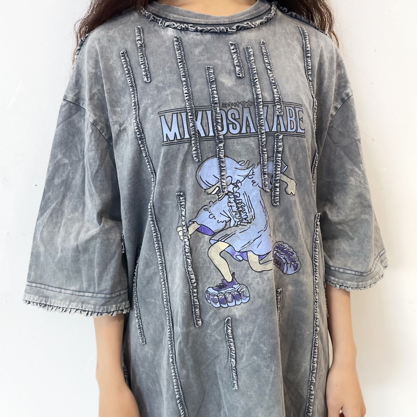 WASHED RUNNER LONG T-SHIRT / NAVY / ウォッシュ加工フリルTシャツワンピース