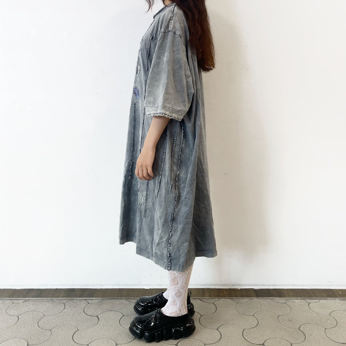WASHED RUNNER LONG T-SHIRT / NAVY / ウォッシュ加工フリルTシャツワンピース
