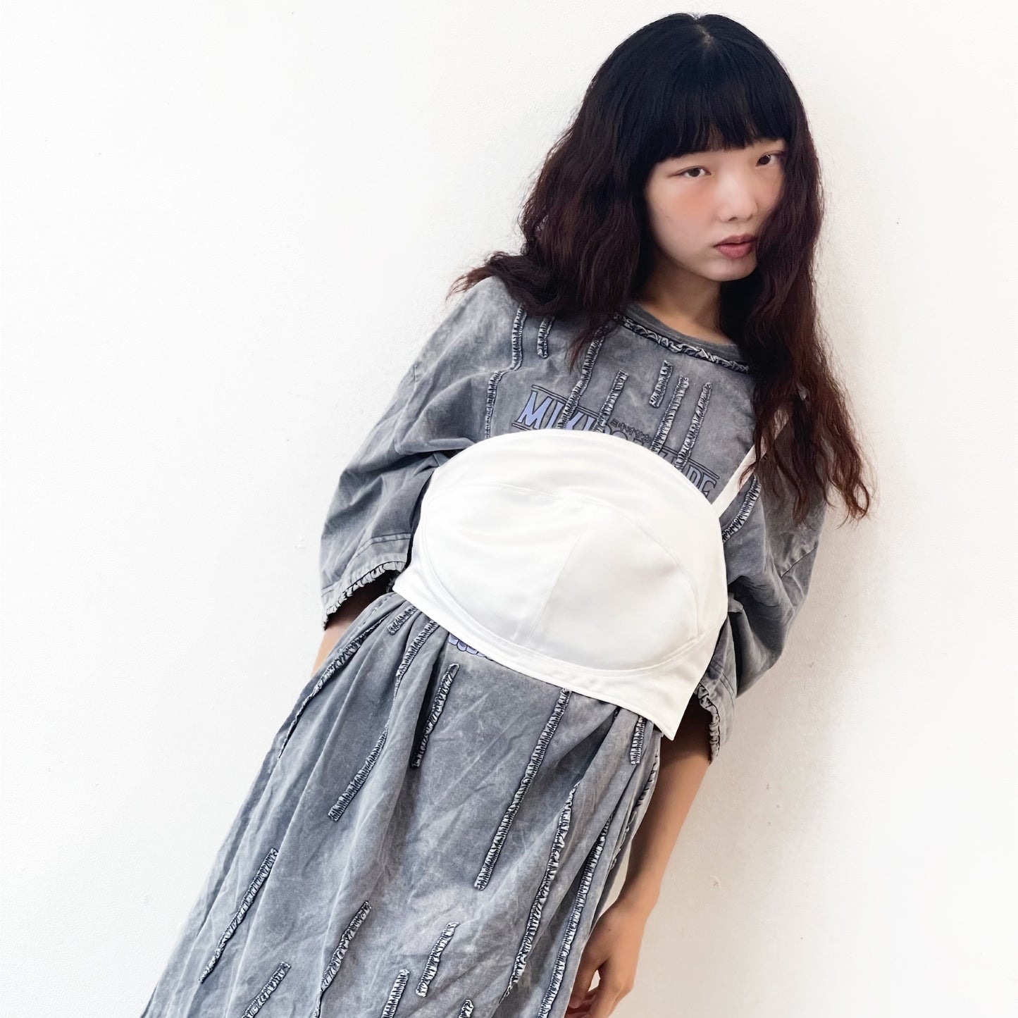 WASHED RUNNER LONG T-SHIRT / NAVY / ウォッシュ加工フリルTシャツワンピース