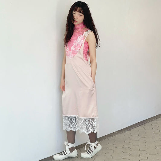chemise dress / pink × white lace / サテンレースドレス