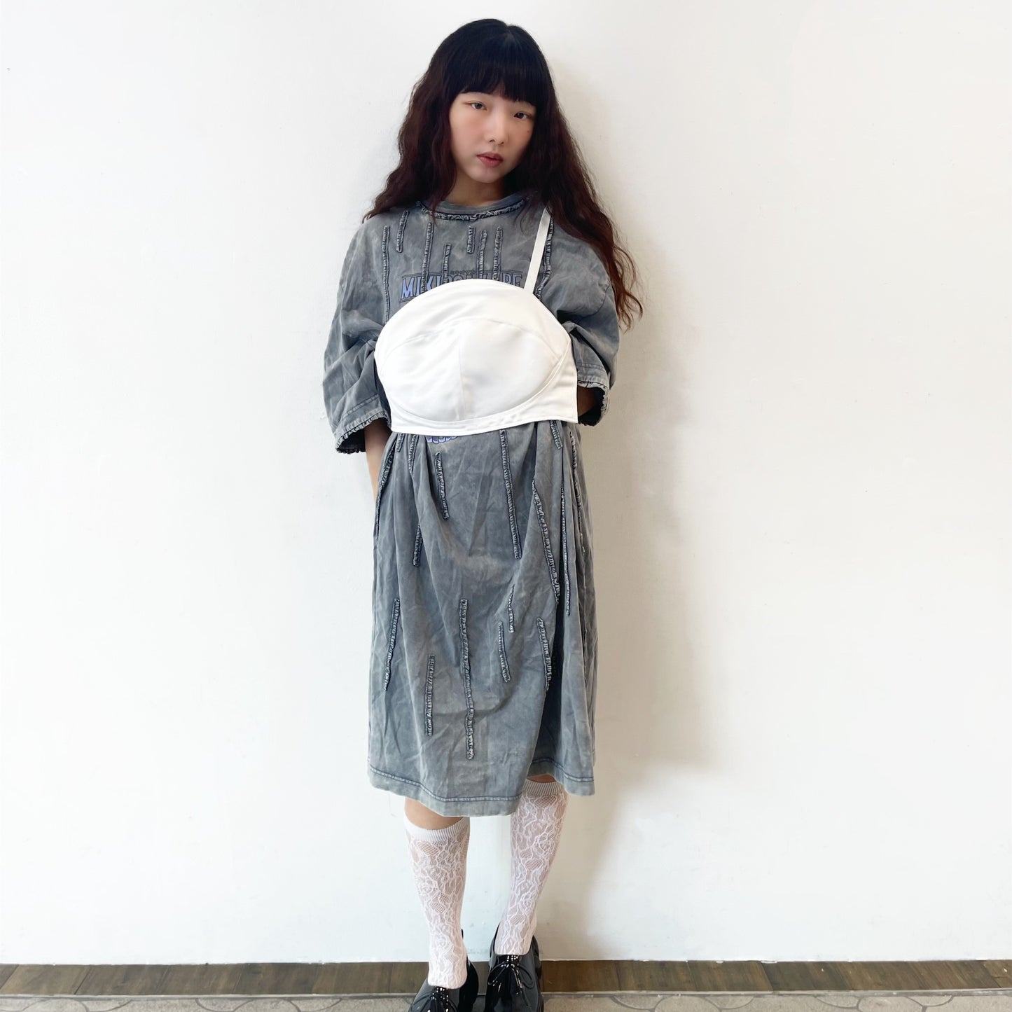 WASHED RUNNER LONG T-SHIRT / NAVY / ウォッシュ加工フリルTシャツワンピース