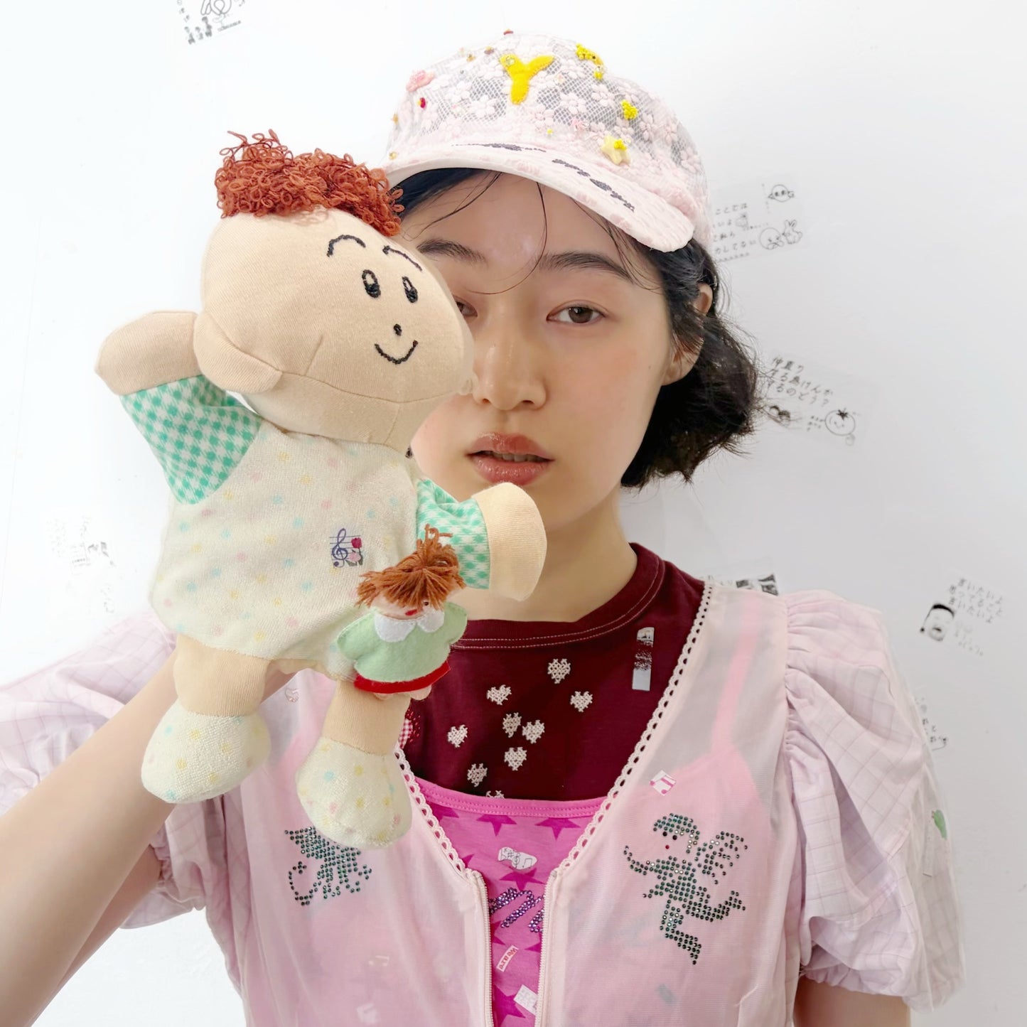 Y cap / white x pink / レースキャップ