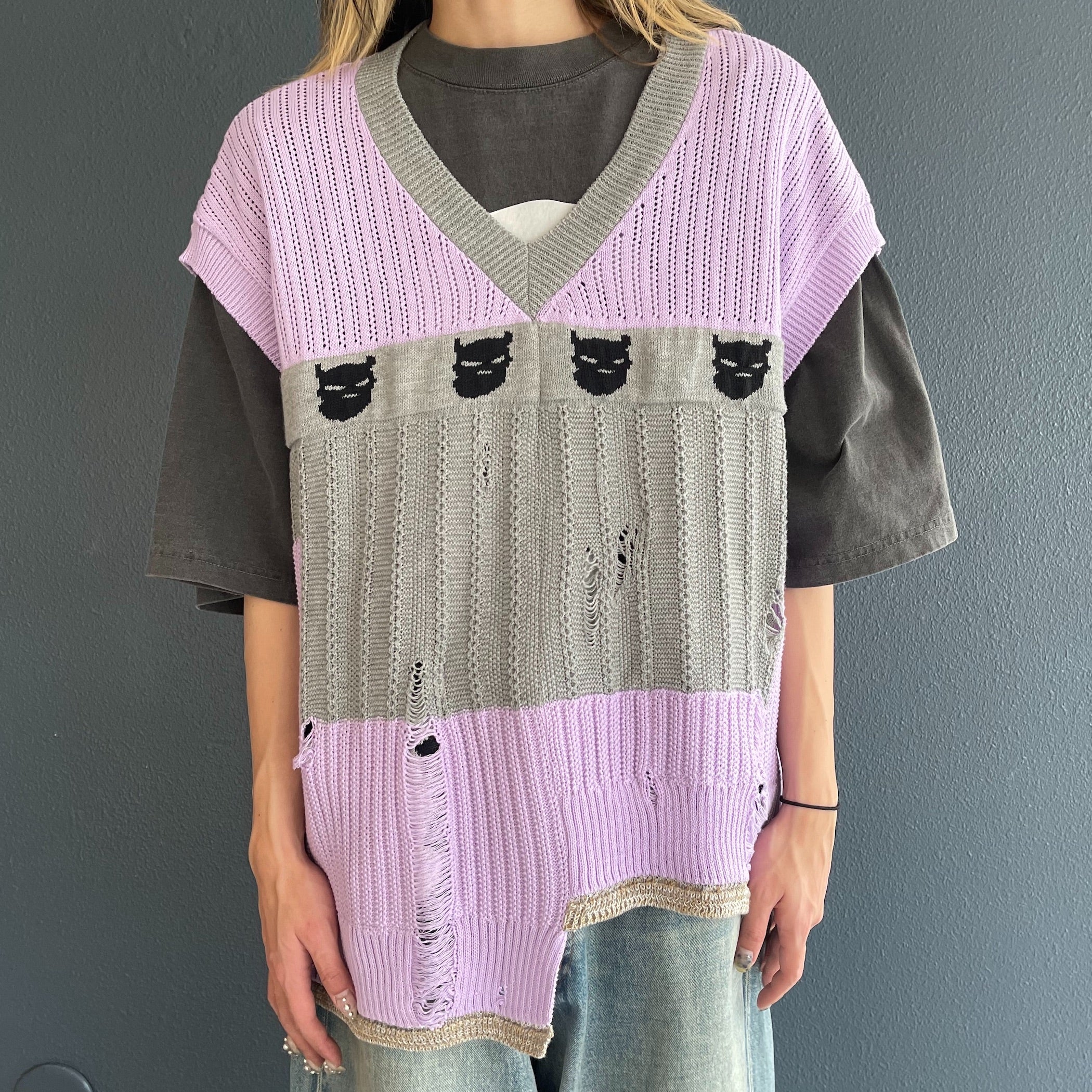 REVERSIBLE DISTRESSED SUMMER KNIT VEST/CHARACTER/ATOZ / PURPLE