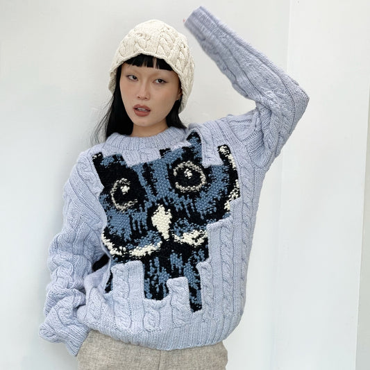 owl cable pullover / blue / ふくろうケーブルプルオーバー